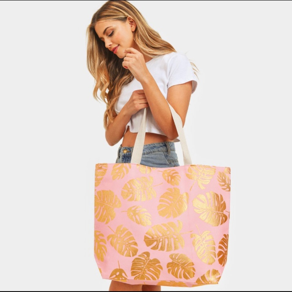 Pink and Gold Leaf Print Tote Bag